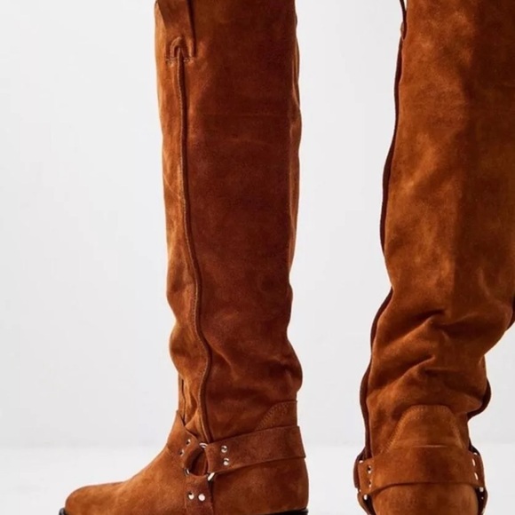 Free People Lockhart Harness Tall Boots Western Pull On Tan Brown Suede - Picture 5 of 9